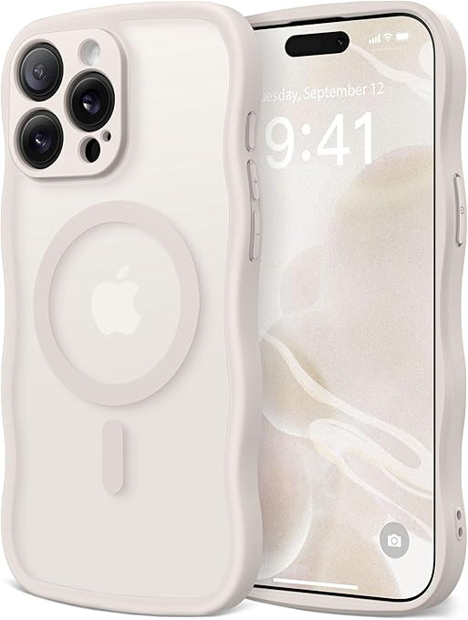 CAPRARO Cute for iPhone 15 Pro Case, Compatible with MagSafe, [Curly Wave Edge] [Full Camera Prot... | Amazon (US)