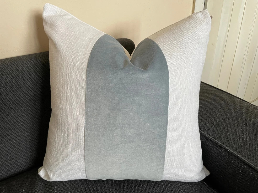 Blue velvet and white linen pillow cover, Blue block pillow,  Blue striped pillow, Bi color velve... | Etsy (US)