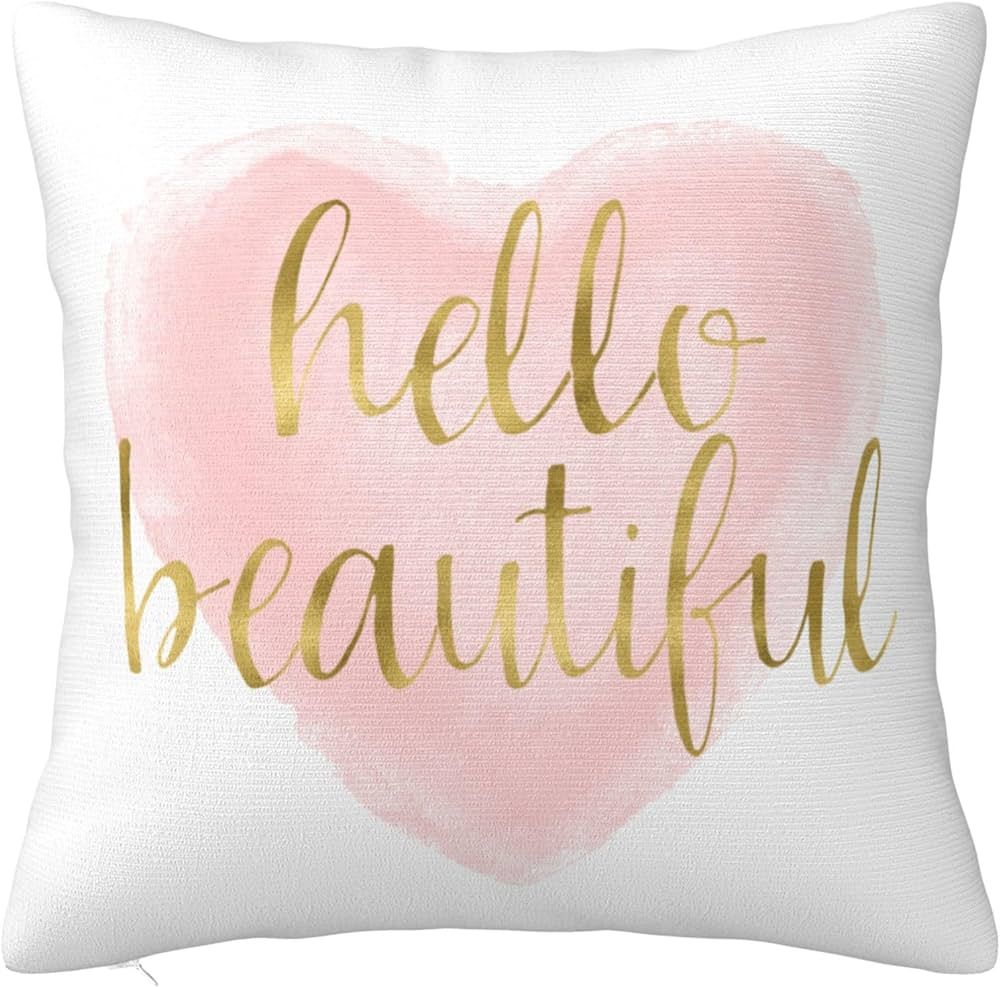 Jagfhhs Hello Beautiful Throw Pillow Covers Blush Pink Gold Watercolor Heart Cushion Pillowcase D... | Amazon (US)