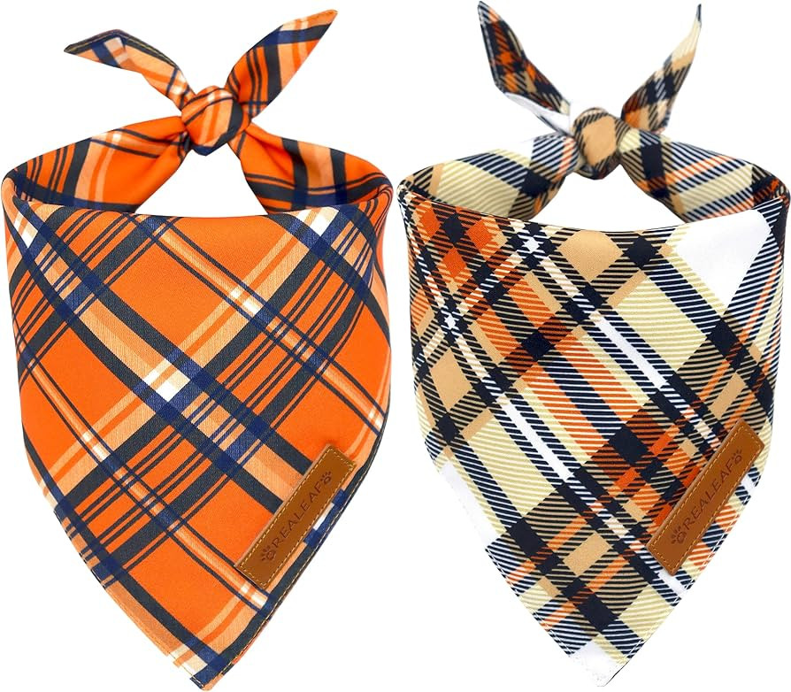 Realeaf Fall Dog Bandanas 2 Pack, Reversible Orange Plaid Holiday Pet Scarf for Boy and Girl, Pre... | Amazon (US)