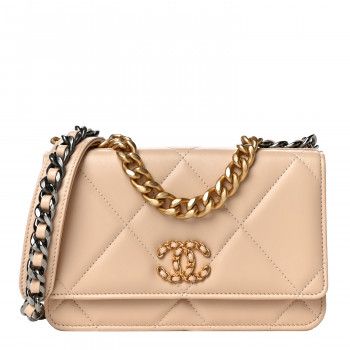 Lambskin Quilted Chanel 19 Wallet On Chain WOC Beige | FASHIONPHILE (US)