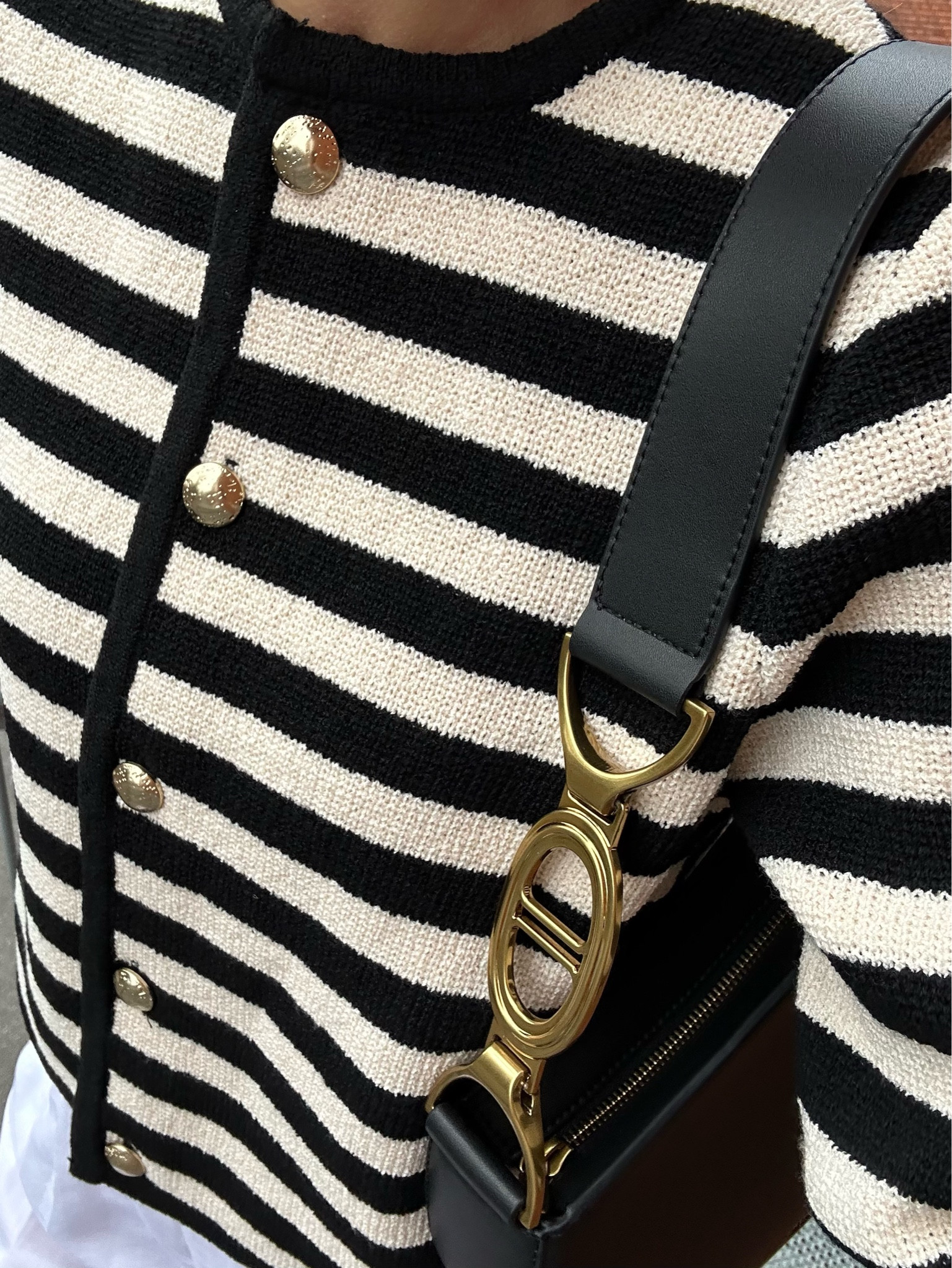 Fall look, knit cardigan, striped cardigan, Charles keith leather black bag, black and White outfit, Parisian style, autumn style, autumn inspiration, back to school outfit, elegant style, old money style

#LTKworkwear #LTKstyletip #LTKSeasonal