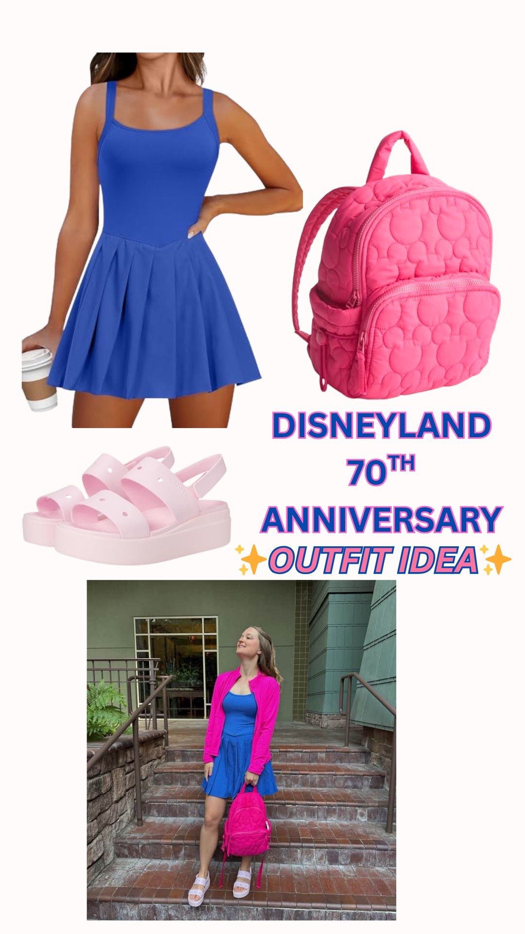 Easy Disneyland 70th Anniversary Outfit Idea! This is a very comfortable athletic dress, croc wedges, and Vera Bradley backpack that follows the colors of the celebration! Consider this for your park & travel outfit!

#LTKFindsUnder100 #LTKItBag #LTKTravel