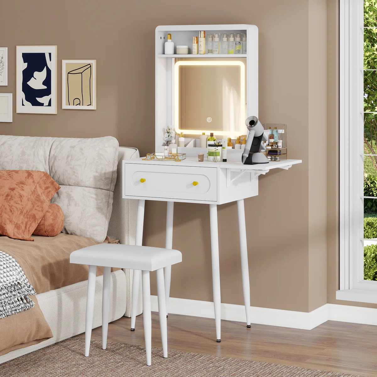 Small Vanity Desk Set With 3 Adjustable Lighted Mirror And Storage Chair Mini Black Makeup Vaniti... | Wayfair North America