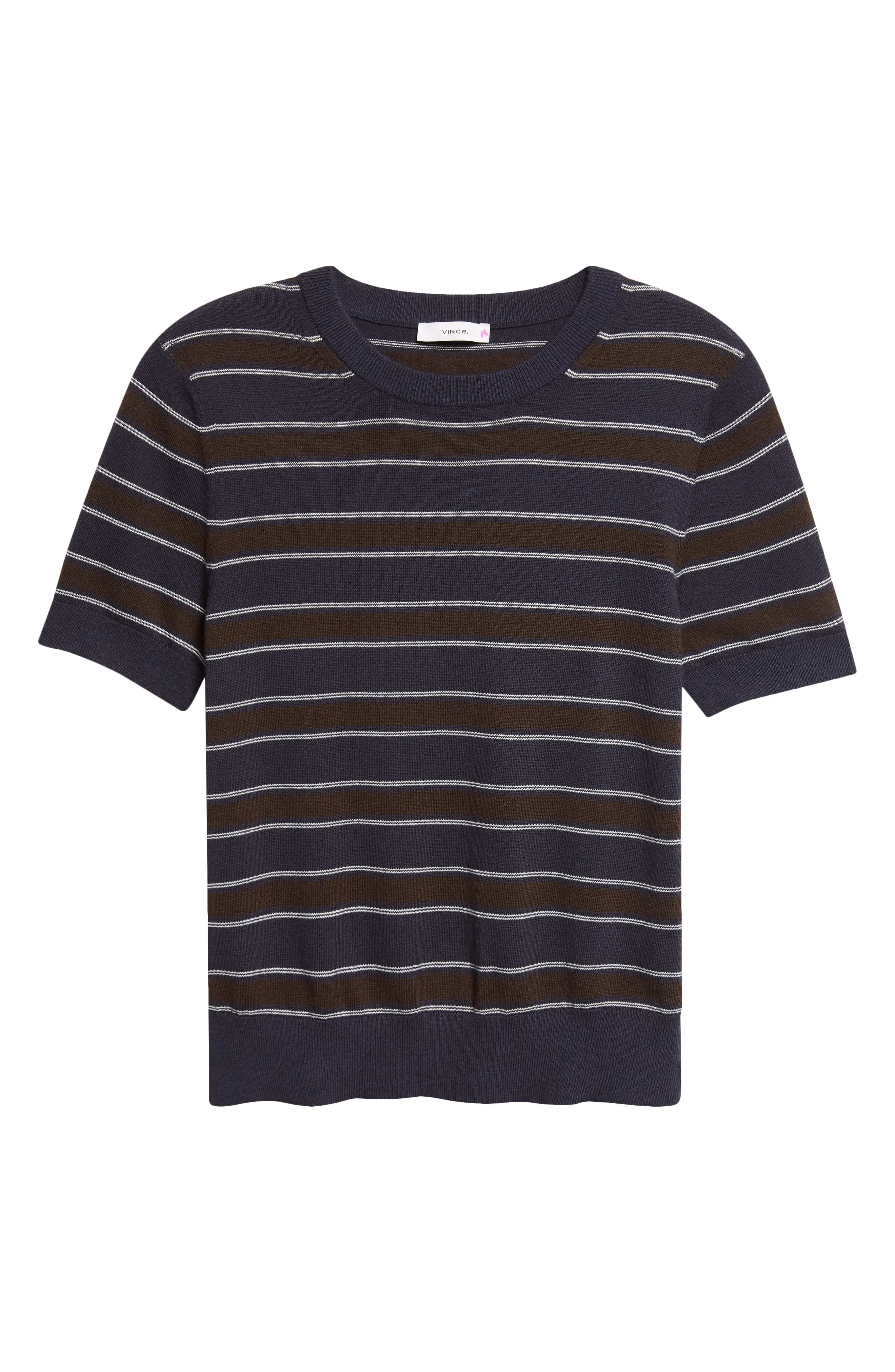Vince Stripe Short Sleeve Cotton & Cashmere Sweater T-Shirt in Dark Artichoke Combo at Nordstrom, Size Large | Nordstrom