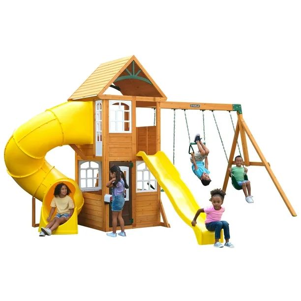 KidKraft Castlewood Wooden Swing Set / Playset with Clubhouse, Mailbox, Slide and Play Kitchen | Walmart (US)