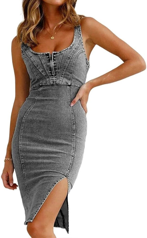 Women's Sleeveless Bodycon Denim Tank Dress Scoop Neck Zip Up Side Slit Stretchy Wrap Club Party ... | Amazon (US)