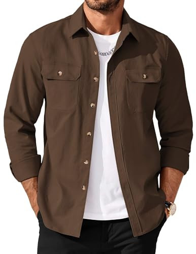COOFANDY Brown Button Up Shirt Men Lightweight Jackets No Tuck Shirts for Men | Amazon (US)