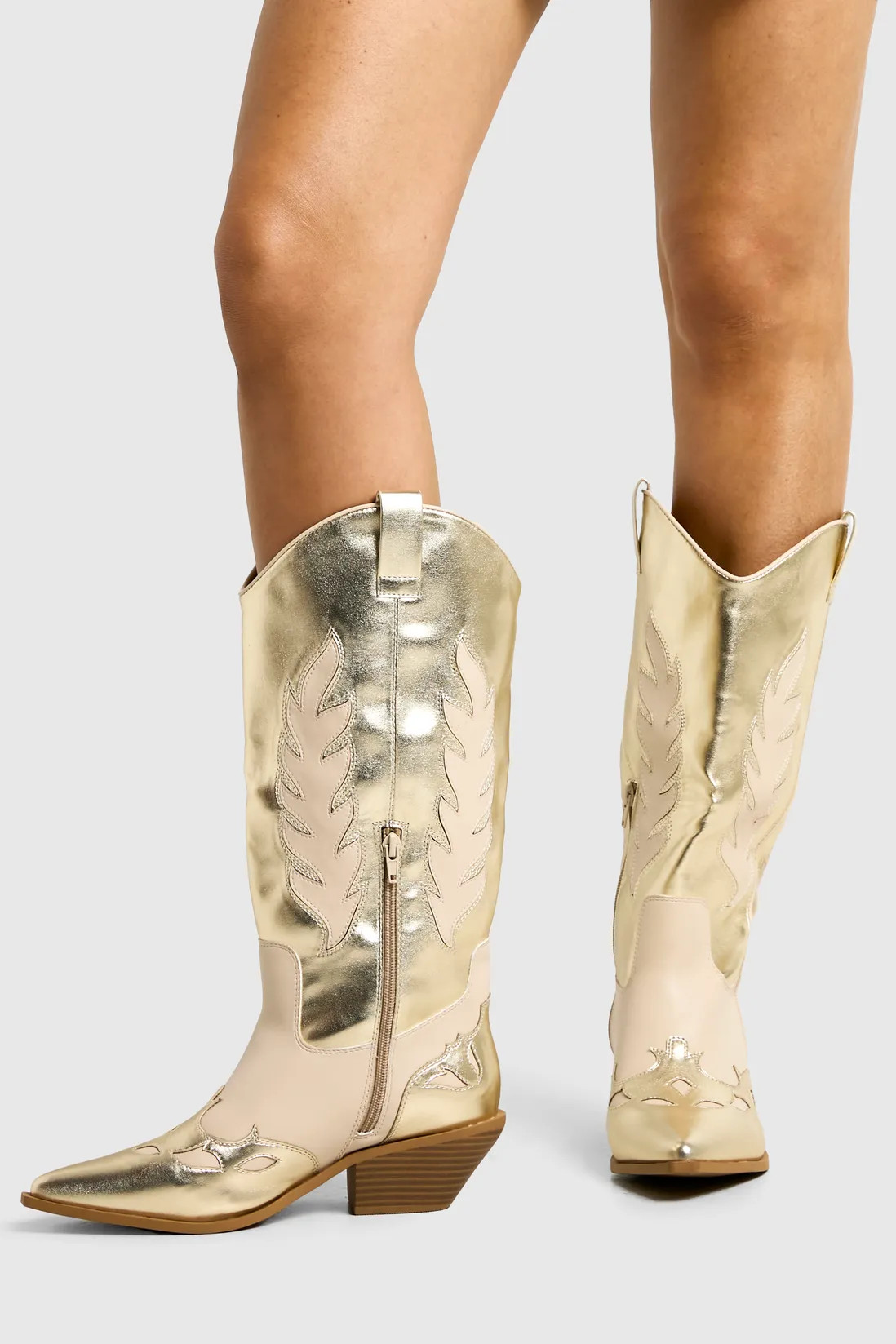 Wide Fit Gold Knee High Western Boots | boohoo (US & Canada)