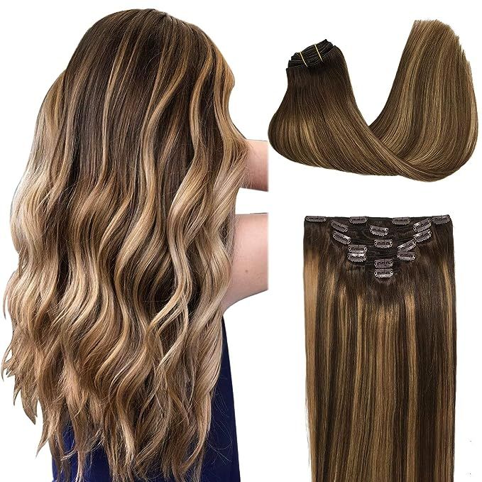 GOO GOO 7pcs 120g Clip in Hair Extensions Ombre Chocolate Brown to Caramel Blonde Remy Human Hair... | Amazon (US)