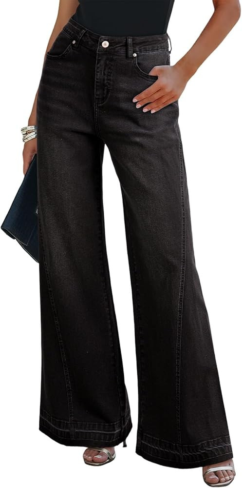 Dokotoo Jeans for Women Casual High Waisted Wide Leg Denim Pants Baggy Raw Hem Flare Jeans with P... | Amazon (US)