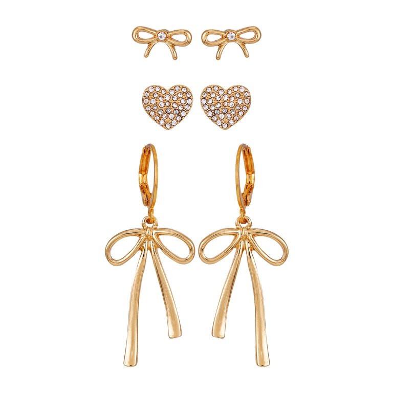 Time and Tru Women's Goldtone Trio Heart and Bow Themed Earrings | Walmart (US)