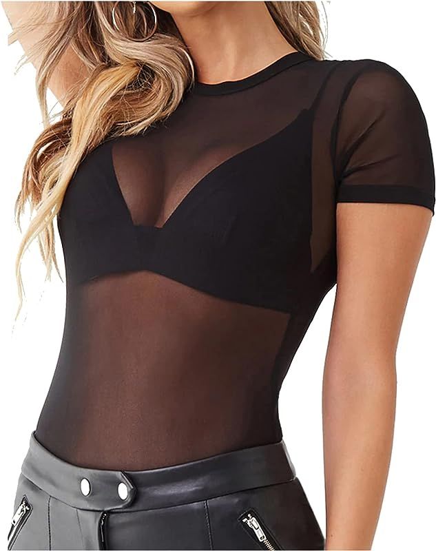 Allchic Womens Short Sleeve Sheer Mesh Tops Sexy See Through Tee Blouse Clubwears | Amazon (US)
