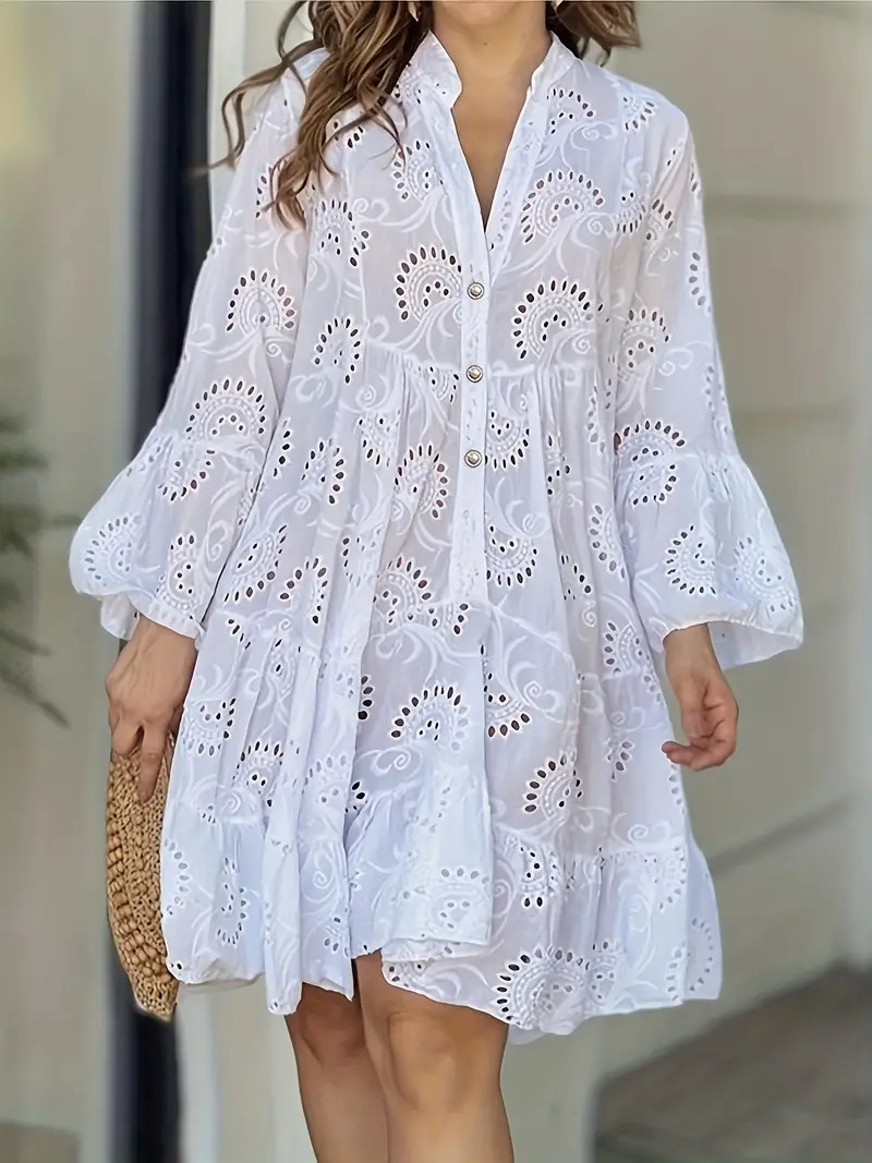 Solid Eyelet V neck Dress Vintage Flare Sleeve Beaded Button - Temu | Temu Affiliate Program