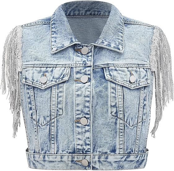 SweatyRocks Women's Fringe Button Down Crop Denim Jacket Sleeveless Collared Jean Coats | Amazon (US)