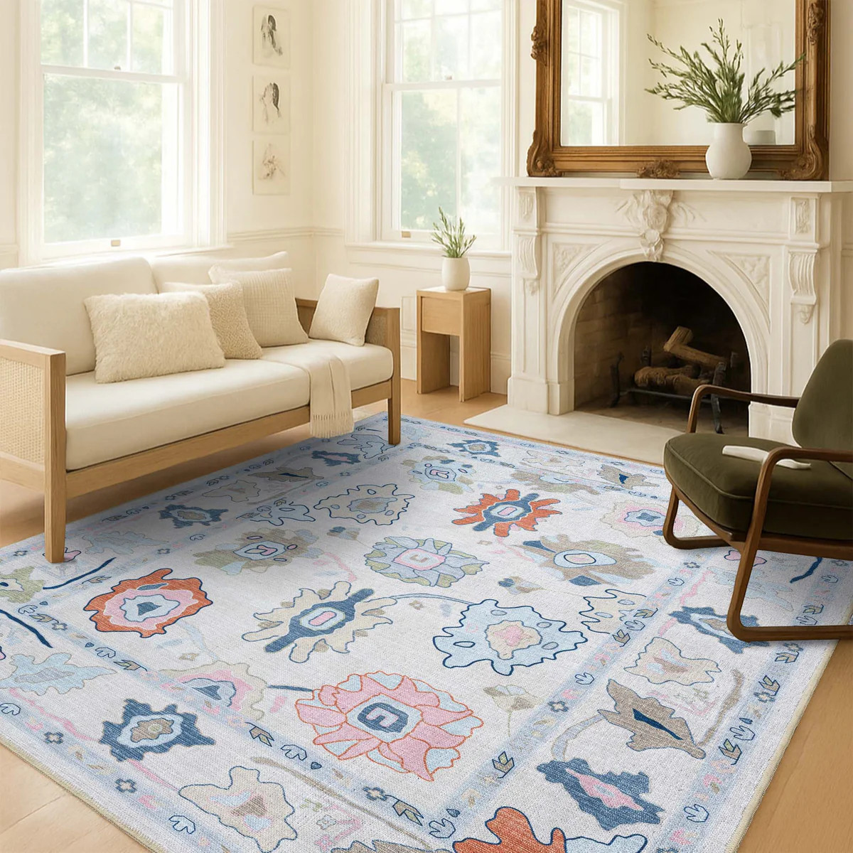 Mary Rose White Pastel Colorful Floral Oushak Rug | Fame Rugs