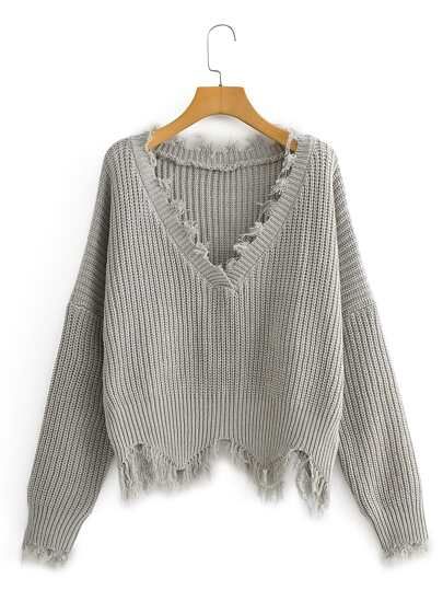 Drop Shoulder Frayed Hem Oversized Sweater | SHEIN