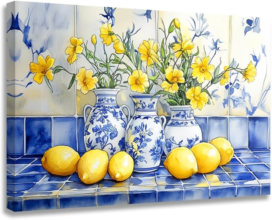 ZQQART Lemon Picture for Wall Kitchen Decor Citrus Fruit Canvas Prints Yellow Lemon and Flower Pa... | Amazon (UK)