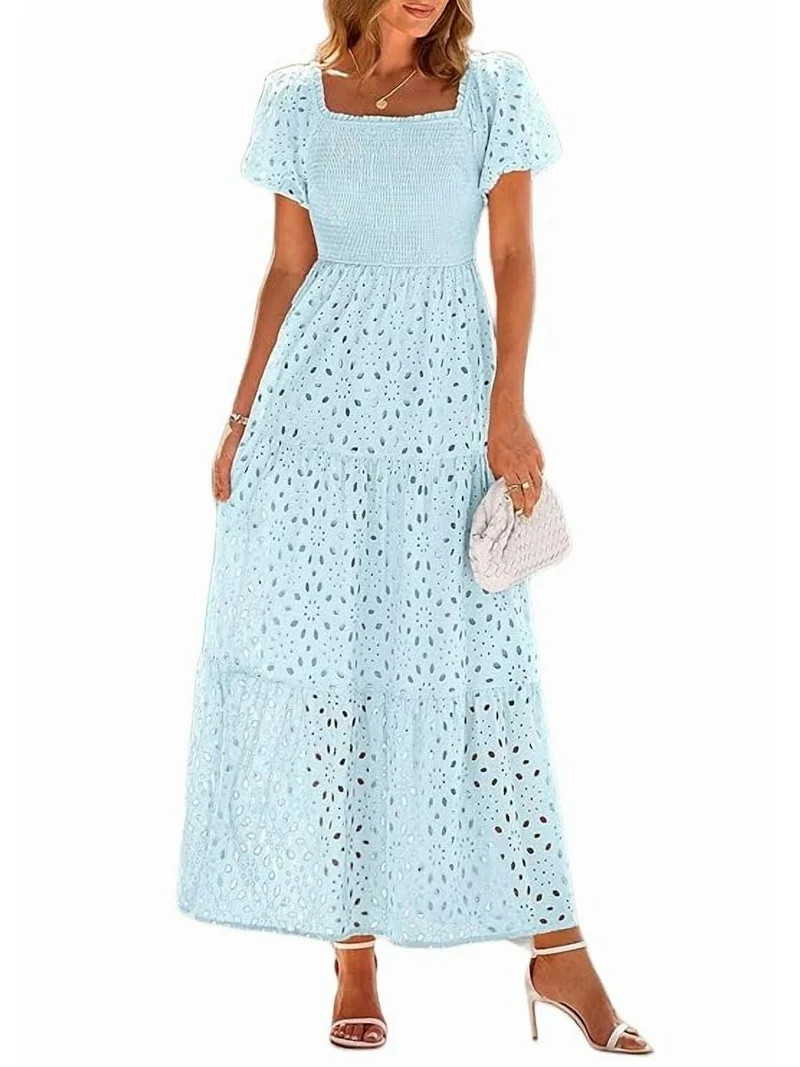 PRETTYGARDEN Summer Dresses for Women Eyelet Square Neck Puff Sleeve Smocked Wedding Guest Maxi D... | Walmart (US)