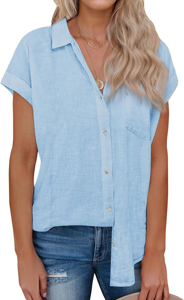 siliteelon Linen Shirts for Women Button Down Shirts Short Sleeve Cotton Collared V Neck Solid Ca... | Amazon (US)