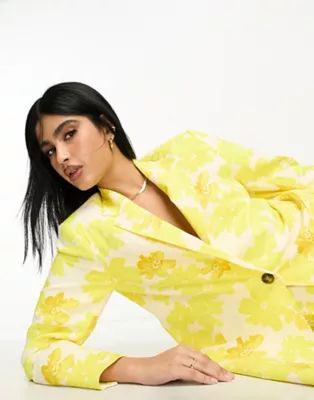 ASOS DESIGN linen oversized floral printed slim fit suit blazer in yellow | ASOS (Global)