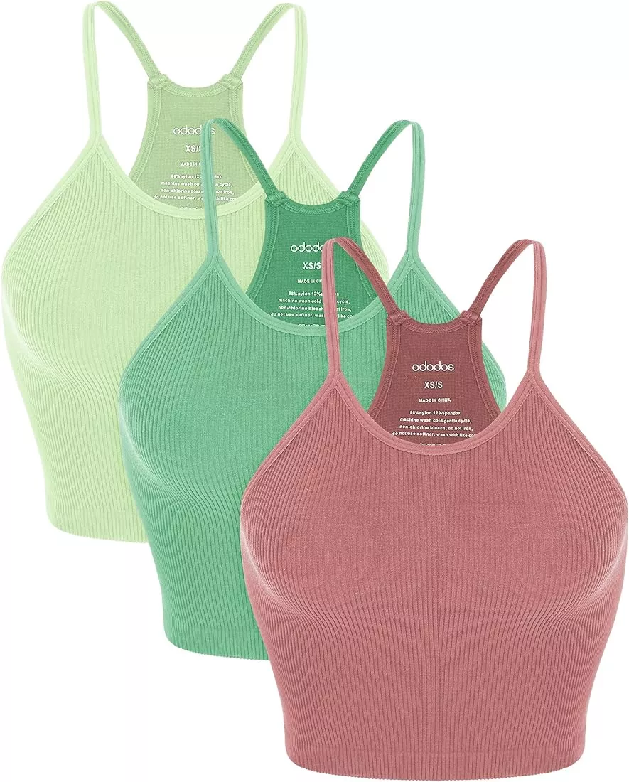 ODODOS Women's Crop 3-Pack Washed Seamless Rib-Knit Camisole Crop