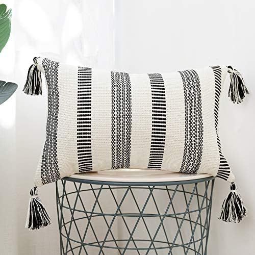 blue page Black Off White Stripes Cotton Woven Lumbar Decorative Throw Pillow Covers for Couch So... | Amazon (US)