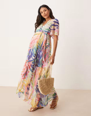 Hope & Ivy Maternity flutter sleeve maxi wrap dress in multi sea life print | ASOS | ASOS (Global)