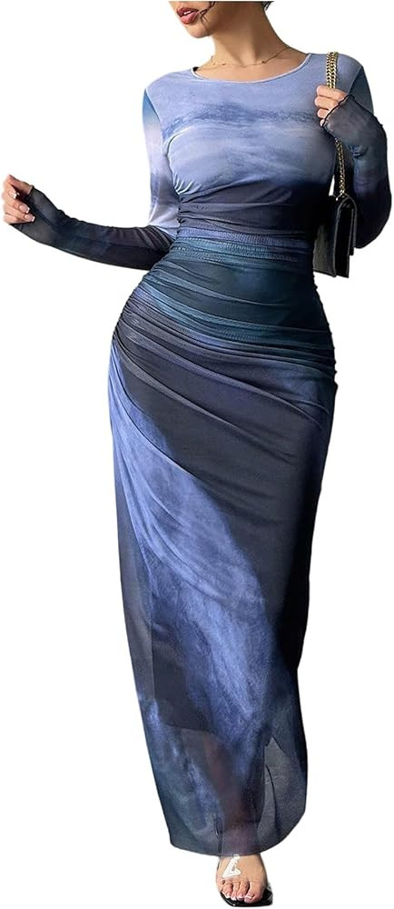 Women's Fall Wedding Guest Dress Long Sleeve Cocktail Date Night Sexy Y2K Bodycon Ruched Mesh For... | Amazon (US)