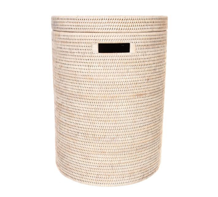 Summerville Handwoven Rattan Round Laundry Hamper With Lid, White Wash | Pottery Barn (US)