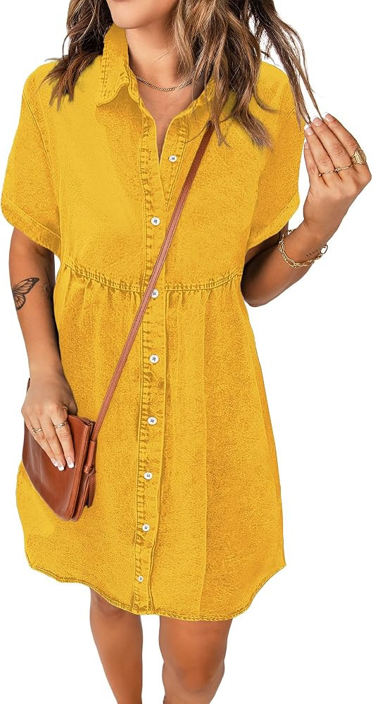 luvamia Women's Casual Short Sleeve Button Down Tiered Denim Babydoll Jean Dress | Amazon (US)