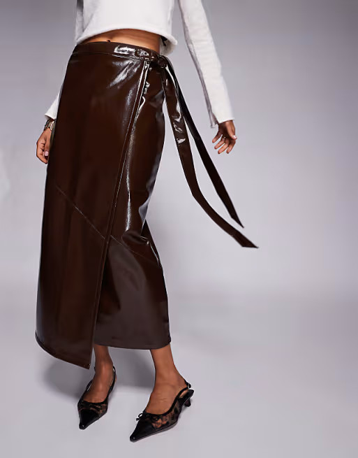 ASOS DESIGN high shine faux leather wrap midi skirt in burgundy | ASOS | ASOS (Global)