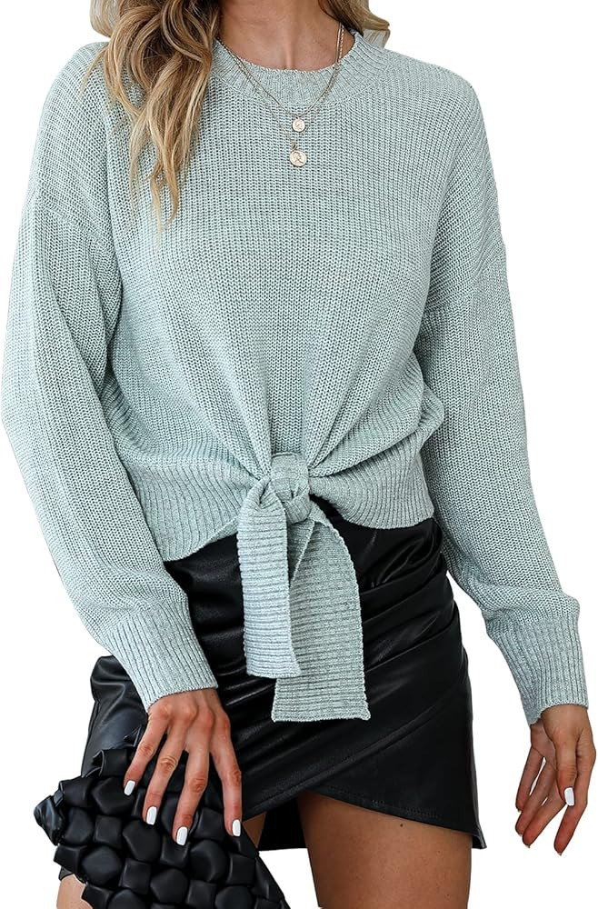 EXLURA Women's Tie Front Sweater Long Sleeve Crew Neck Knit Ribbed Pullover Waist Knot Front Casu... | Amazon (US)