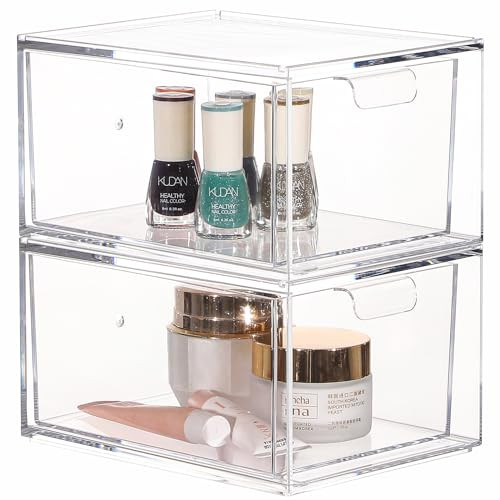 Cq acrylic Stackable Storage Drawers Set of 2,Under Cabinet Stackable Bins and Pull out Drawers Storage Container,4.4'' Tall Clear Plastic Organizer Bins for Makeup,Beauty Product,Machine Organizing | Amazon (US)