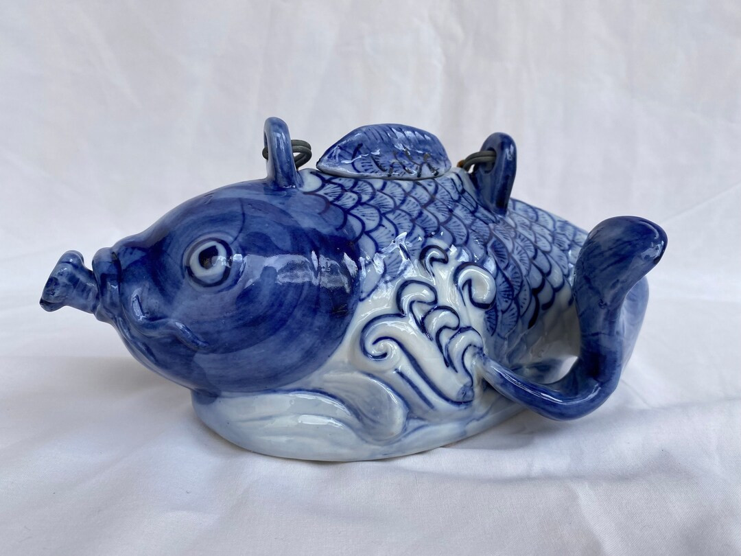 Vintage Blue & White Ceramic Hand Painted Koi Fish Teapot With Metal Handle - Decorated - Made in... | Etsy (US)