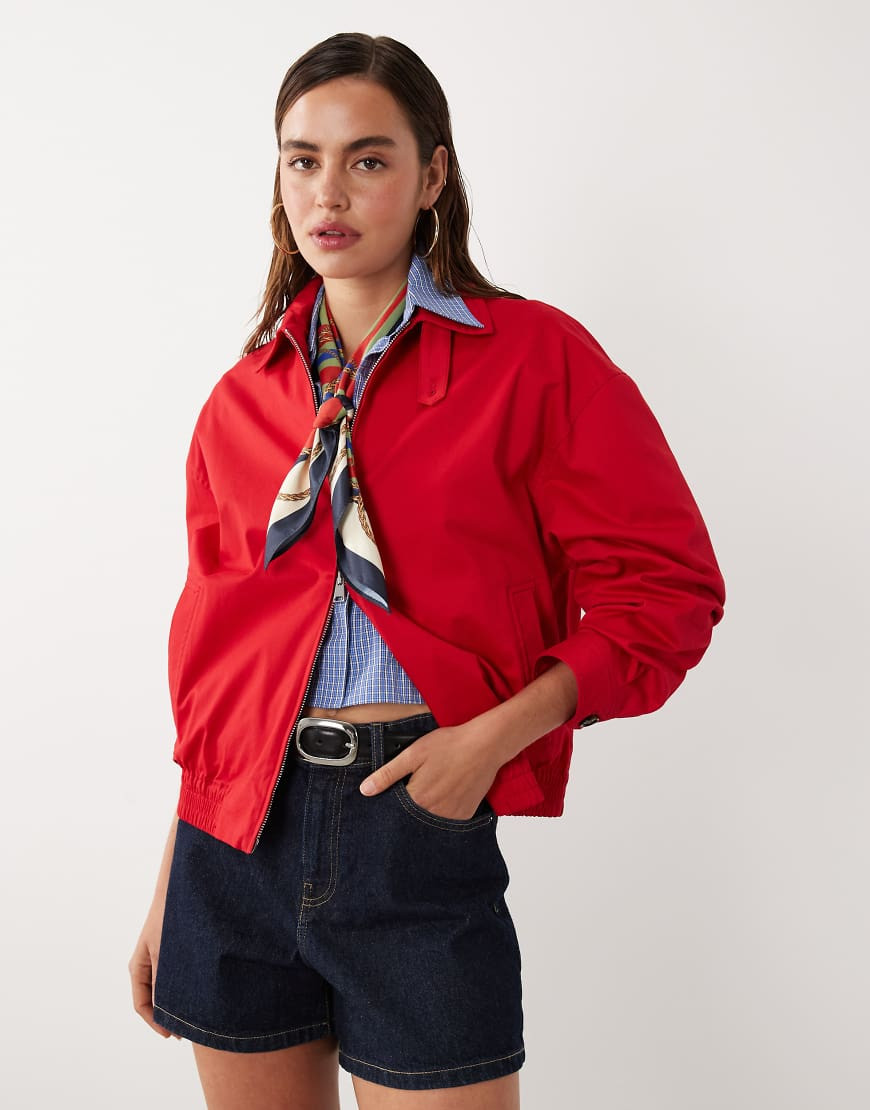 Mango starring Hailey Bieber cotton rich funnel neck jacket in bright red | ASOS (Global)