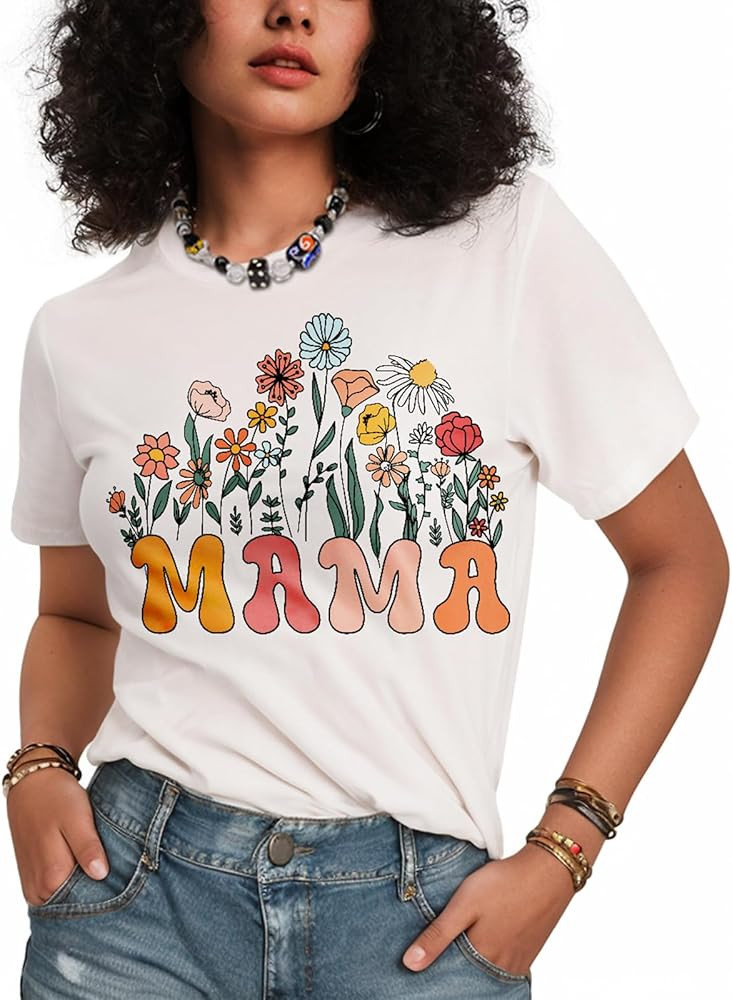 Flafens Mama Shirt for Women - Mom Graphic T Shirt Short Sleeve Crewneck Cute Mothers Day Tees fo... | Amazon (US)