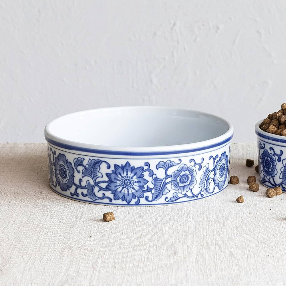 Creative Co-Op, Blue Large Stoneware Pet Bowl with Design, White, 8 Cup | Amazon (US)