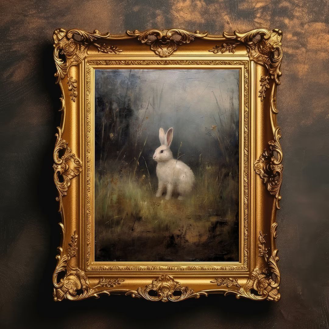 White Bunny Woods | Dark Academia, Dark Cottagecore Decor, Wild Hare Rabbit Painting, Farmhouse R... | Etsy (US)