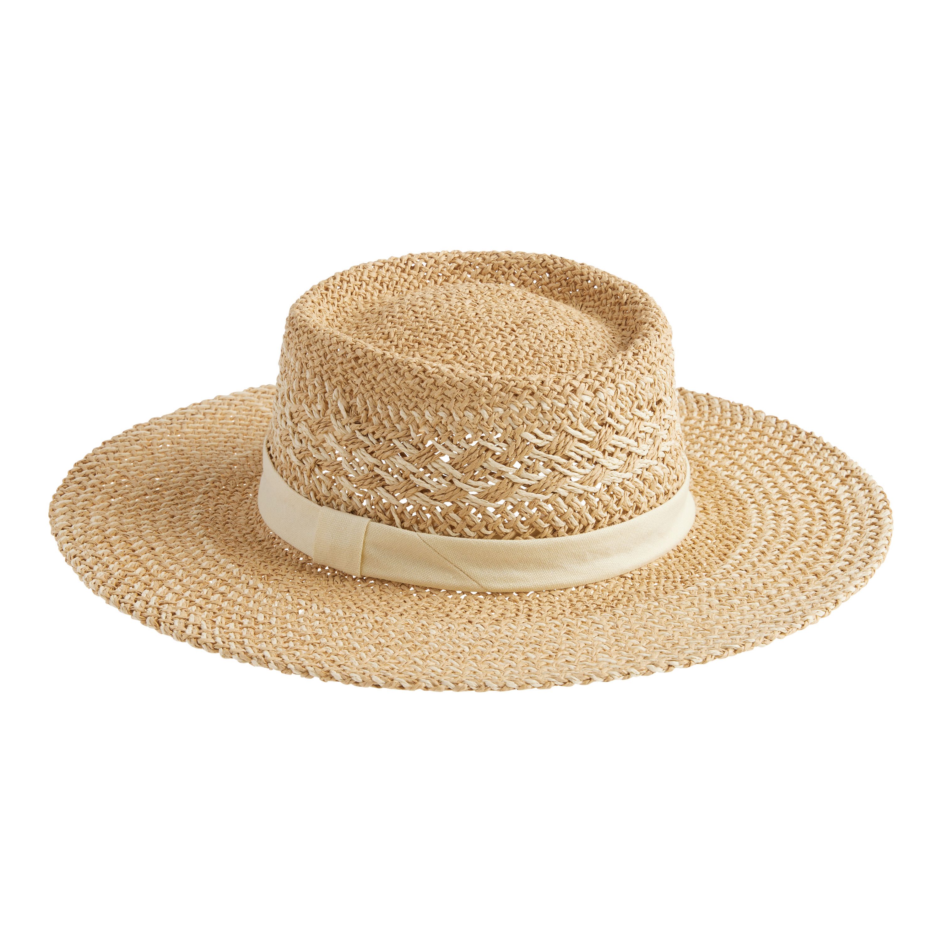 Natural And Ivory Straw Two Tone Flat Top Hat | World Market