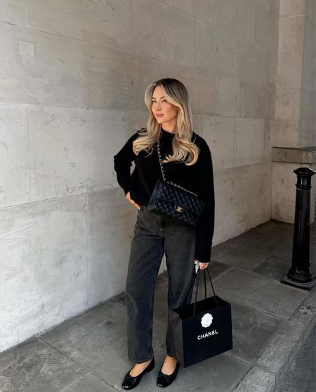 Spring Monochrome All Black Outfit 🖤 black jumper and wide jeans styled with Chanel Black Flap and ballet pumps

#LTKstyletip #LTKSeasonal