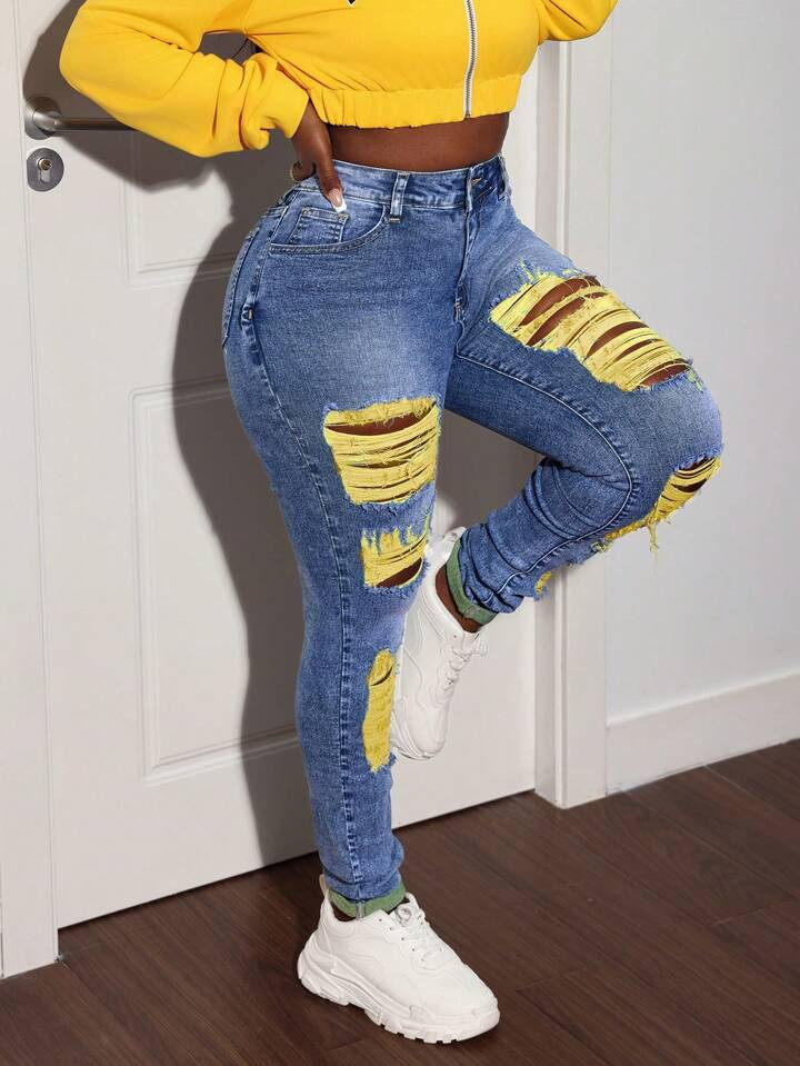 SHEIN Slayr Women Sexy Skinny Stretch Ripped Blue Denim Jeans | SHEIN