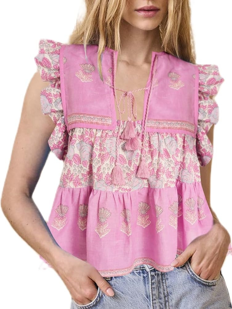 Women Boho Tie Front Peplum Top Floral Print Flowy Fringe Shirt Square Neck Ruffle Tank Top Going... | Amazon (US)