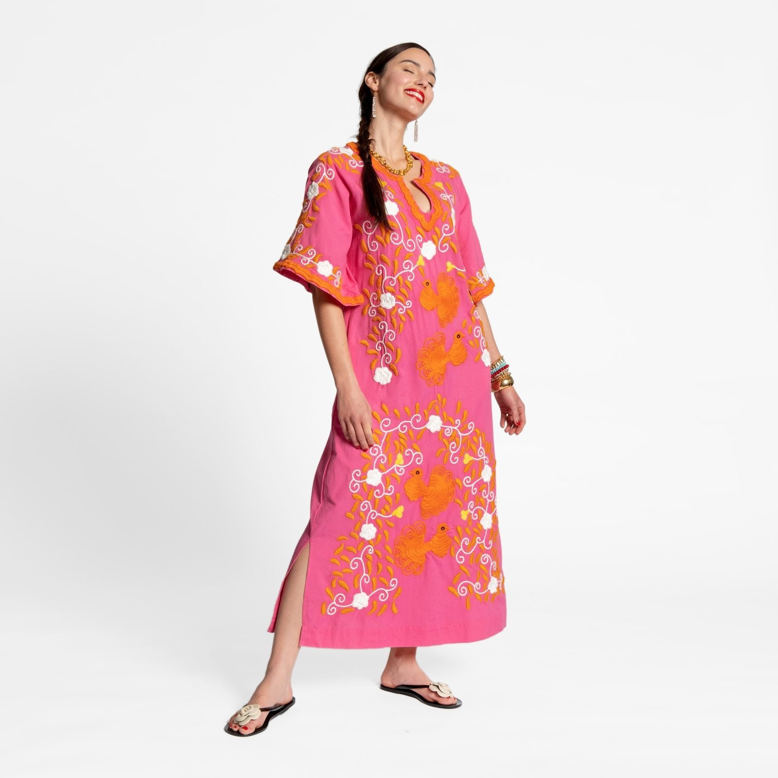 Peacock Caftan Dress Pink Coral Yellow | 
