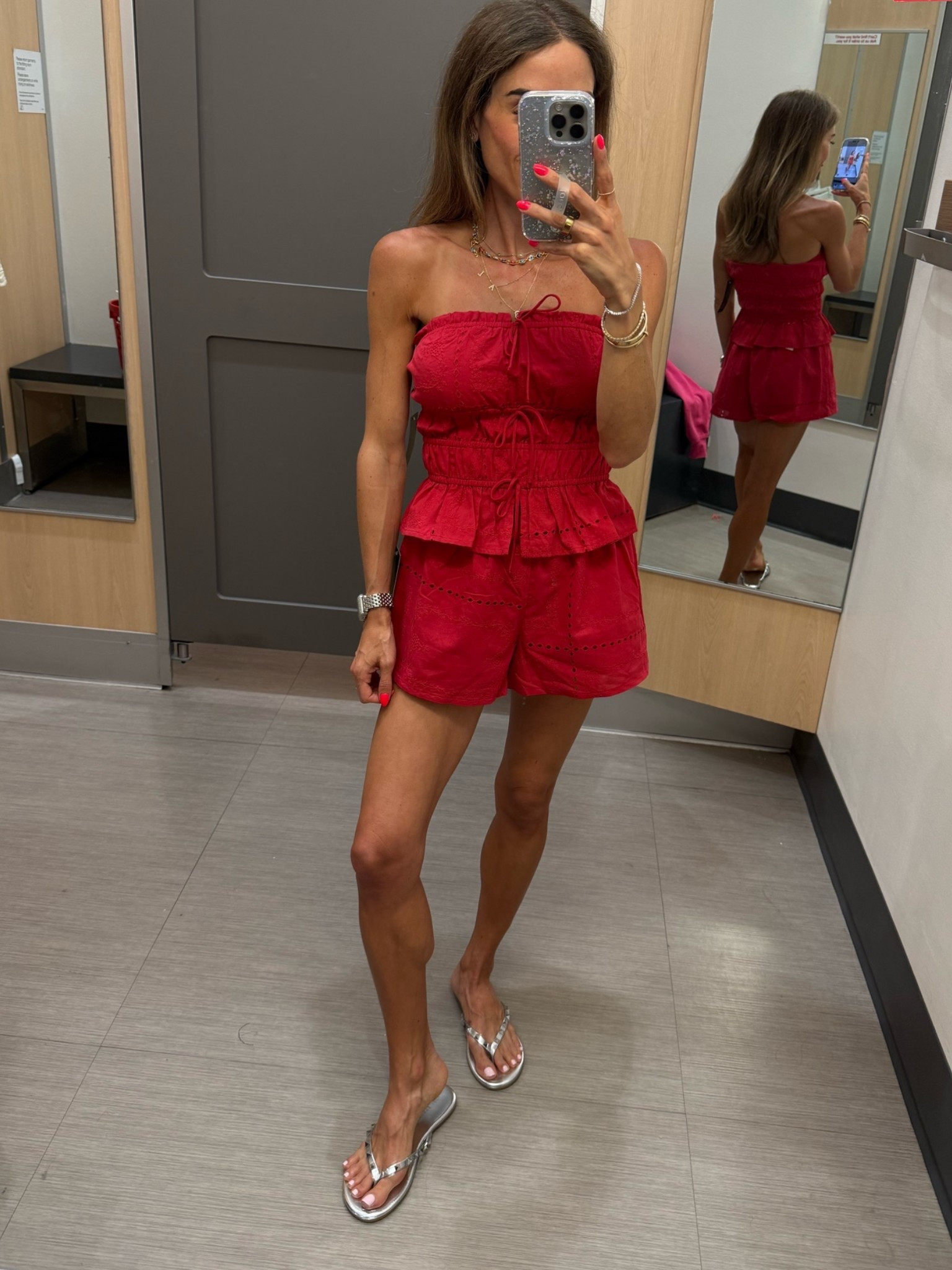 Red eyelet short and strapless top set wearing xxs and comes in white too

#LTKPetite #LTKSeasonal