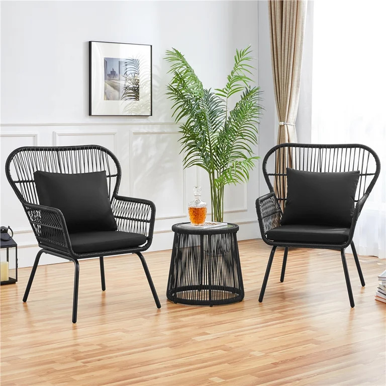 Topeakmart 3-Piece Patio Conversation Bistro Set Outdoor All-Weather Wicker Furniture, Black | Walmart (US)