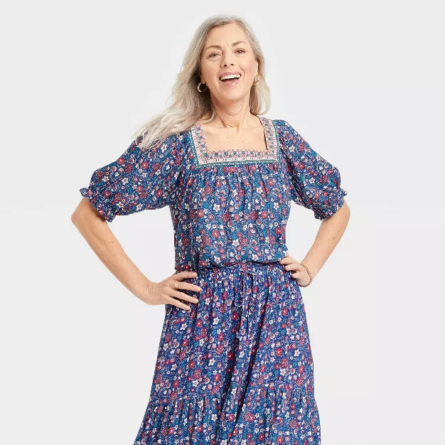 Women's Short Sleeve Square Neck Shirt - Knox Rose™ Blue Floral S | Target