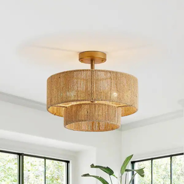 Bohemian 3-Light Antique Gold Natural Jute Rope Drum Semi-Flush Mount Ceiling Light - 15.4" W x 1... | Bed Bath & Beyond