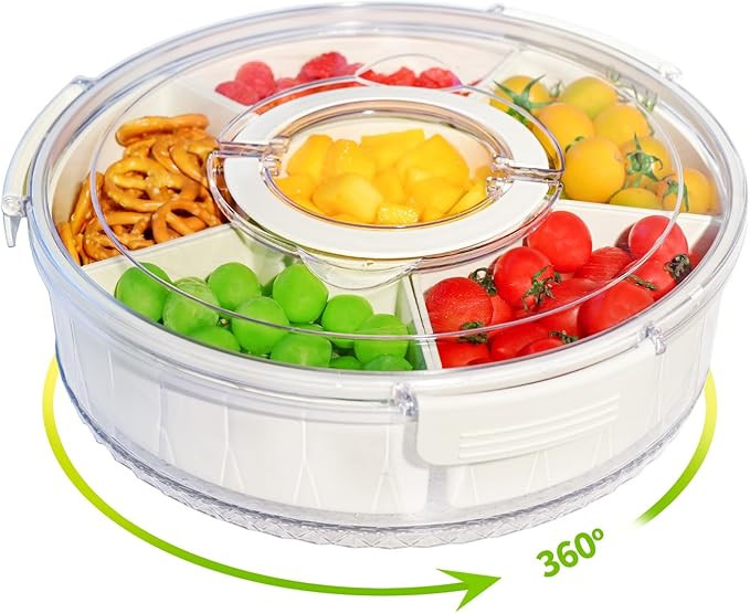 Rotating Veggie Tray with Lid and Handle, Divided Serving Tray, Portable Snack Spinner, Reusable ... | Amazon (US)