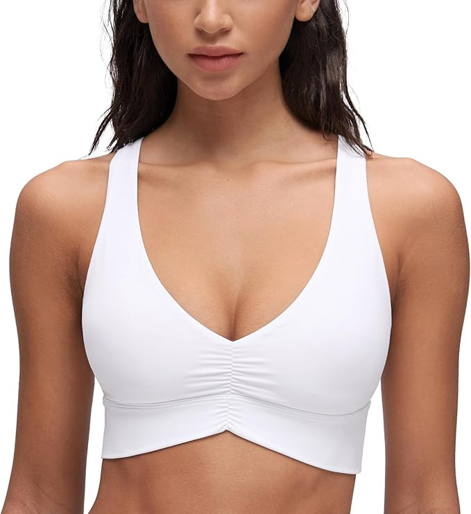 CRZ YOGA Butterluxe Ruched Longline Sports Bras for Women - V Neck Padded Yoga Tank Wide Straps C... | Amazon (US)